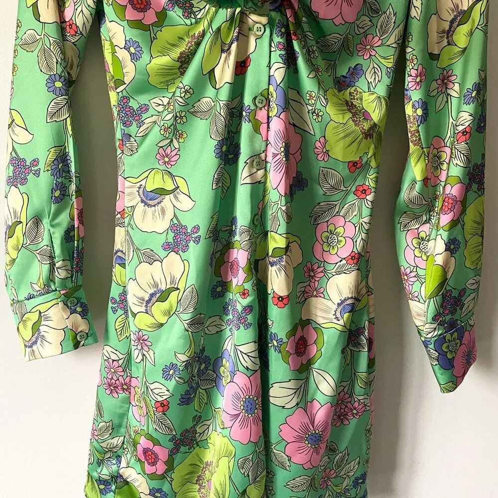 Zara Satin Effect Floral Long Sleeve Mini Dress Green Blogger Fav Size XS - Picture 7 of 10